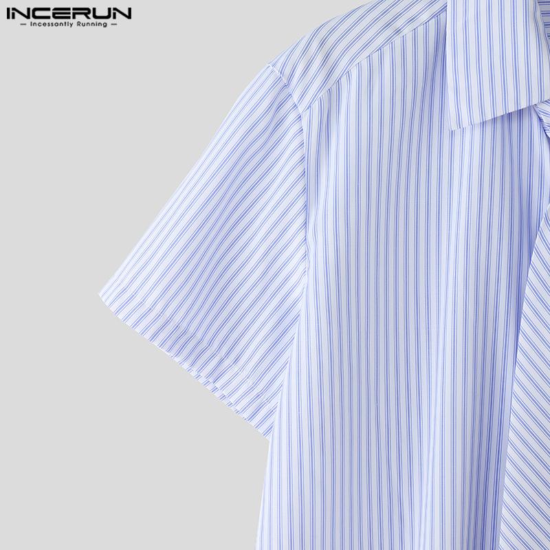 INCERUN Men Tie Up Lapel Neck Short Sleeve Striped Casual Loose Oversized Shirts