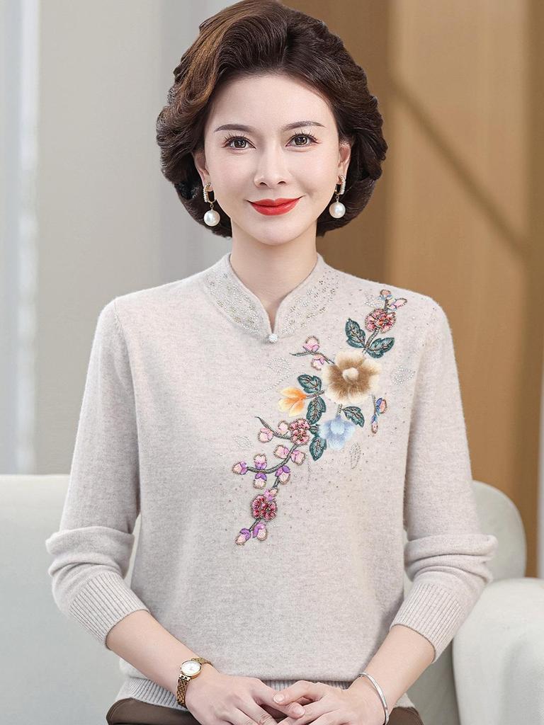 Elegant Embroidered Wool Qipao Collar Sweater for Autumn/Winter