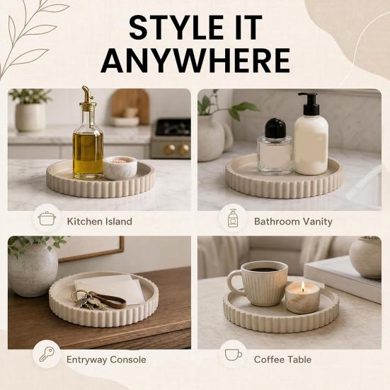 Round Decorative Tray for Coffee, Dining Table, Countertop, 3D Printed Scalloped Edge Serving Tray for Farmhouse, Kitchen, Home, Living Room