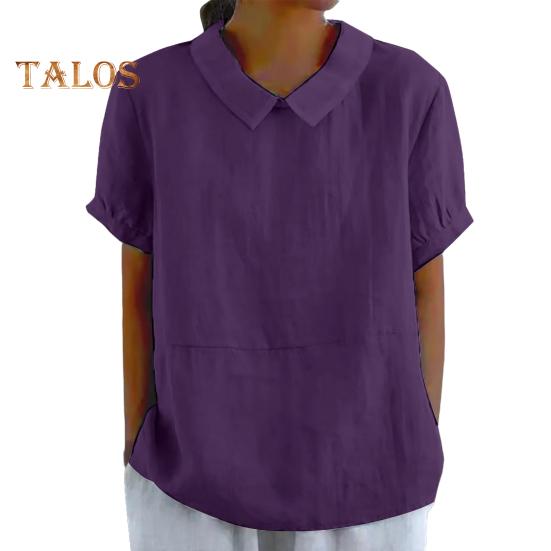 Damen Freizeithemd mit umgeschlagenem Kragen, kurzärmelig, einfarbig, lockere Passform, Sommer-T-Shirt für den Alltag