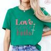 Women's Christian Faith T-Shirt 'Love Never Fails' Retro Color Block Cross Print Tee Casual Short Sleeve O Neck Tops for Church