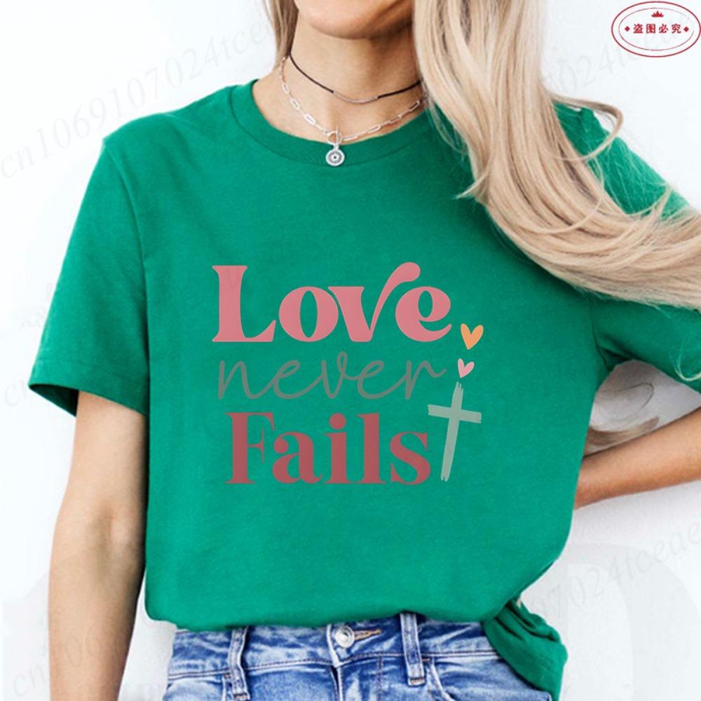 

Women s Christian Faith T-Shirt Love Never Fails Retro Color Block Cross Print Tee Casual Short Sleeve O Neck Tops for Church XXS