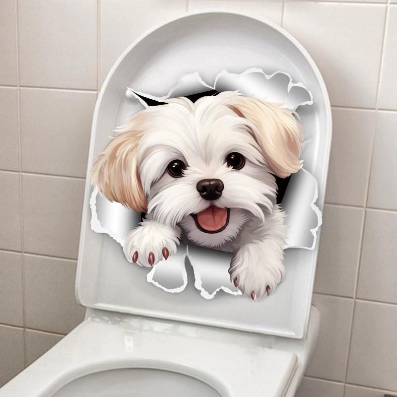 Cute Broken Hole Puppy Toilet Cover Sticker Creative Self-adhesive PVC Decal for The Bathroom Animal Dog Removable Home Decor