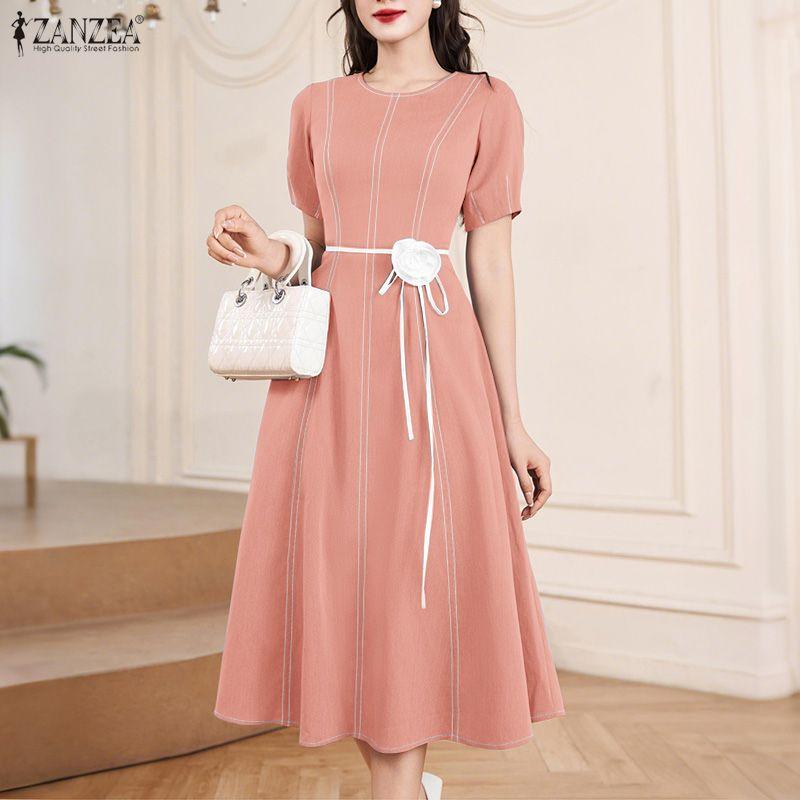 ZANZEA Dámské letní ležérní šaty s kulatým výstřihem s krátkým rukávem