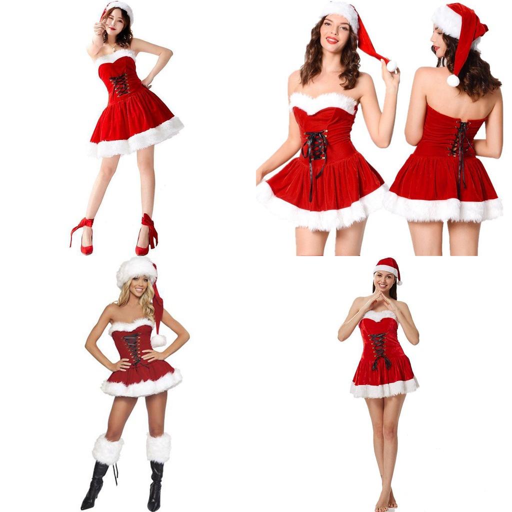 Festive Mini Red Velvet Costume Outfit For Women Featuring Santa Claus Design And Hat