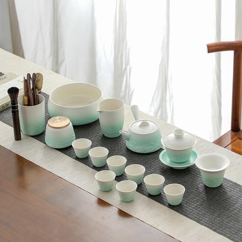 Lainuo Coarse Pottery Gradient Green Ocean Wave 15-Piece Tea Set