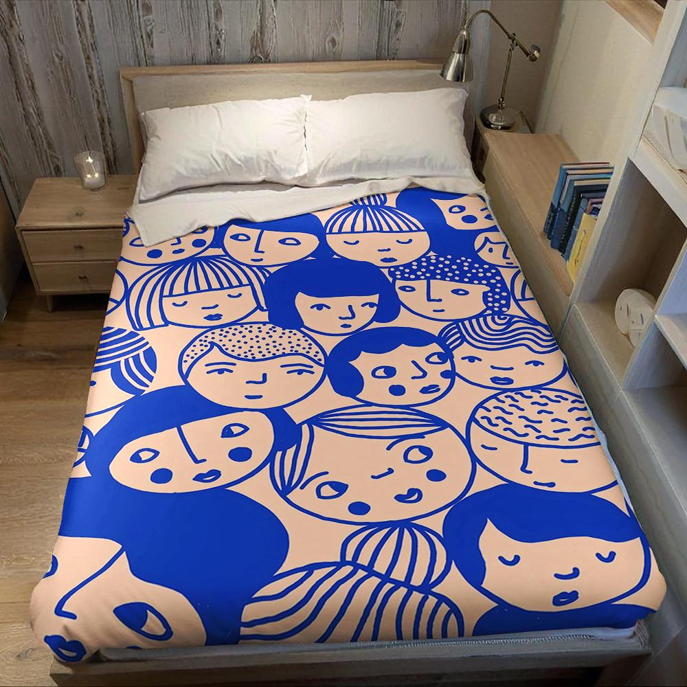Blue - Lined Cartoon Faces Flannel Blanket Warm Soft Halloween Christmas Couch Warm Cozy Decorative Decor Gift for All Season