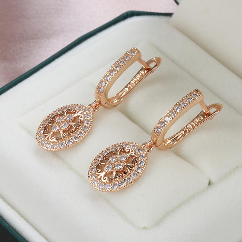 New  Rose Gold Long Drop Earrings For Women Hollow Flowers Natural Zircon Earrings Luxury Ethnic Bridal Wedding Jewelry