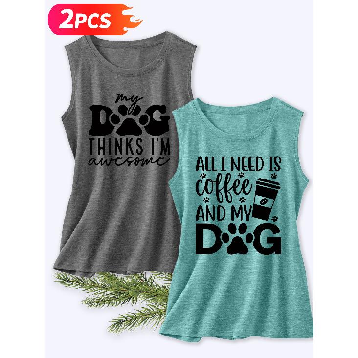Follow a Specific Direction Two-piece Women's Sleeveless Vest with Vintage Print Summer Casual Wear Dog Coffee Fun Cute Essential Fashion Items for