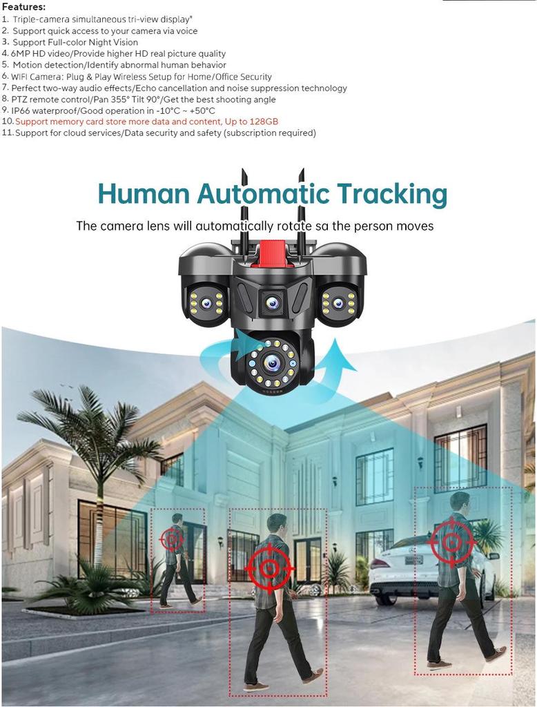 Triple-Lens 6MP Outdoor WiFi Surveillance Camera with Remote HD View