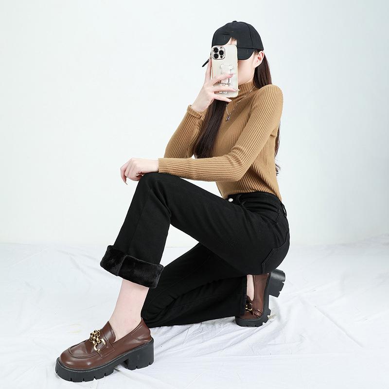Winter Fleece Women's Flare Pants Retro Slim High Waist Elastic Thick Warm Denim Pants Fashion Korean Clothes