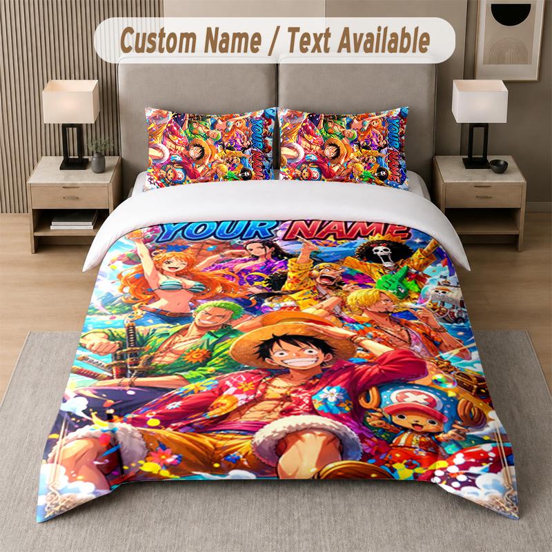 One Piece 3Pcs Bedding Set, Personalized Custom Name Text, 1 Duvet Cover & 2 Pillowcases For Bedroom