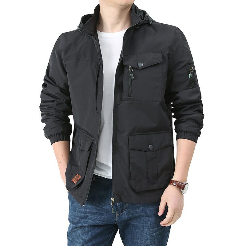 Men's Loose Plus Size Multi-pocket Jacket  Spring and Autumn Thin Windproof Detachable Cap Jacket