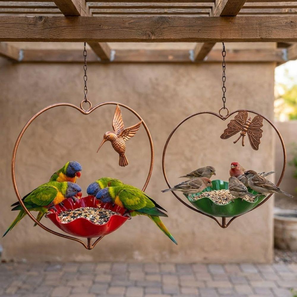 Wide-Mouth Heart Shape Bird Feeder Iron Art Retro Bird Bath Flower Bird Water Feeder  Balcony Use