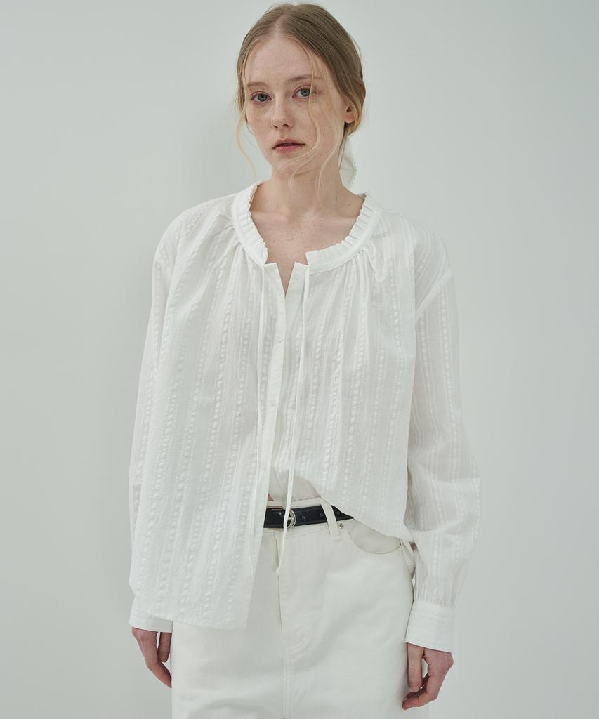 MOTT [Scrunchie Set] Shirred Cotton Blouse - Pattern White