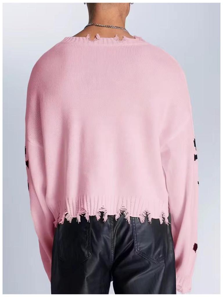 Trendig herrtröja i jacquardstickning med slitna kanter