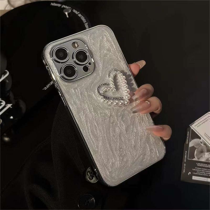 Luxury Pearl Love Heart Diamond Flash Phone Case For iPhone 15 14 13 12 11 Pro Max Electroplating Shockproof Cover For iPhone 15 14 13 12 11