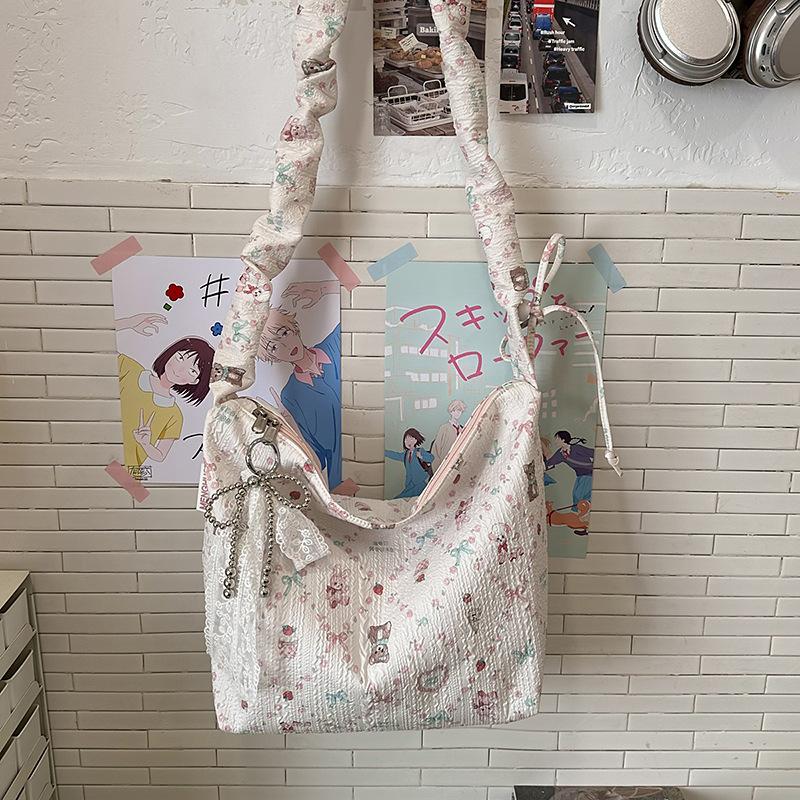 

Холщовая сумка с мультяшным принтом большой вместимости, цветочная, в непринужденном французском стиле, студенческая повседневная сумка на одно плечо .