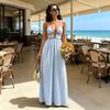 Women's Halter Striped Maxi Dress Sleeveless Deep V Neck A Line Sundress Summer A-Line Beach Vacation Dress