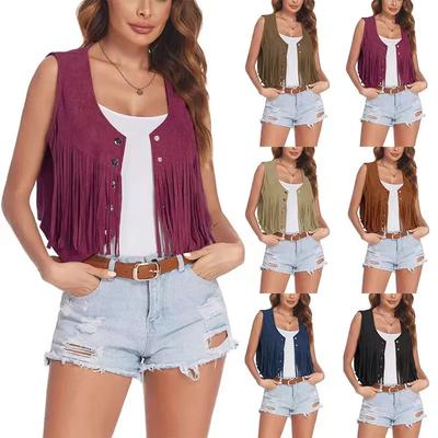 Lente en zomer retro cowboy kwast vest dames open voorkant vintage vest top mouwloos dameskleding effen jas punk stijl jas