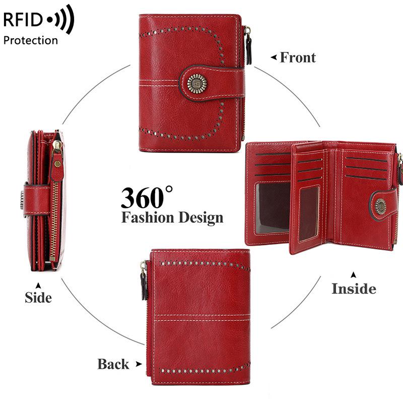 2023 RFID Women's Oil Wax Leather Wallet: Short Card Holder with Coin Purse and Fashion Buckle Zipper.