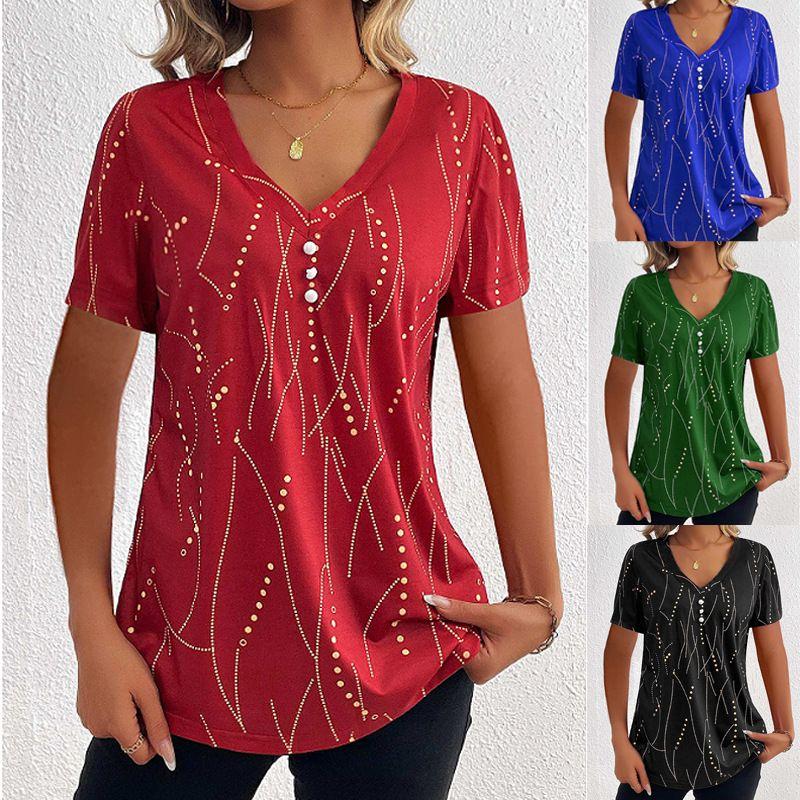 

2024 Button Polka Dot V-neck Short Sleeved T-shirt Top Blue XXL