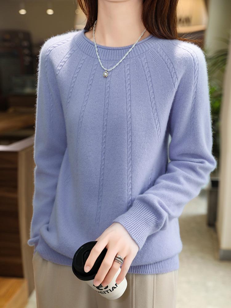 New Women's 100% Wool Cable Knit Round Neck Sweater, Loose Fit, Rolled Hem, Autumn/Winter Pullover.
