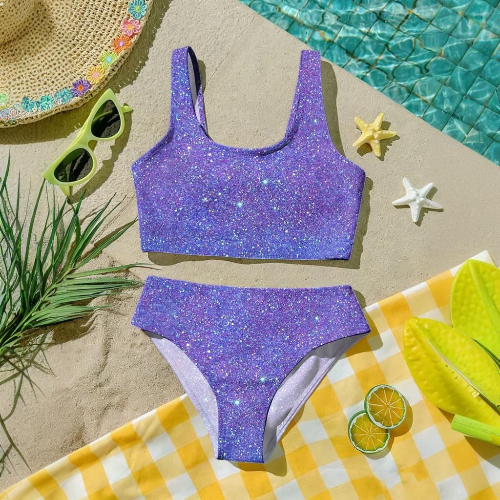 Costume da Bagno Due Pezzi per Bambina Set Top Corto Senza Maniche con Stampa di Paillettes e Slip a Vita Alta Costumi da Bagno per Bambini Estate Abbigliamento da Spiaggia