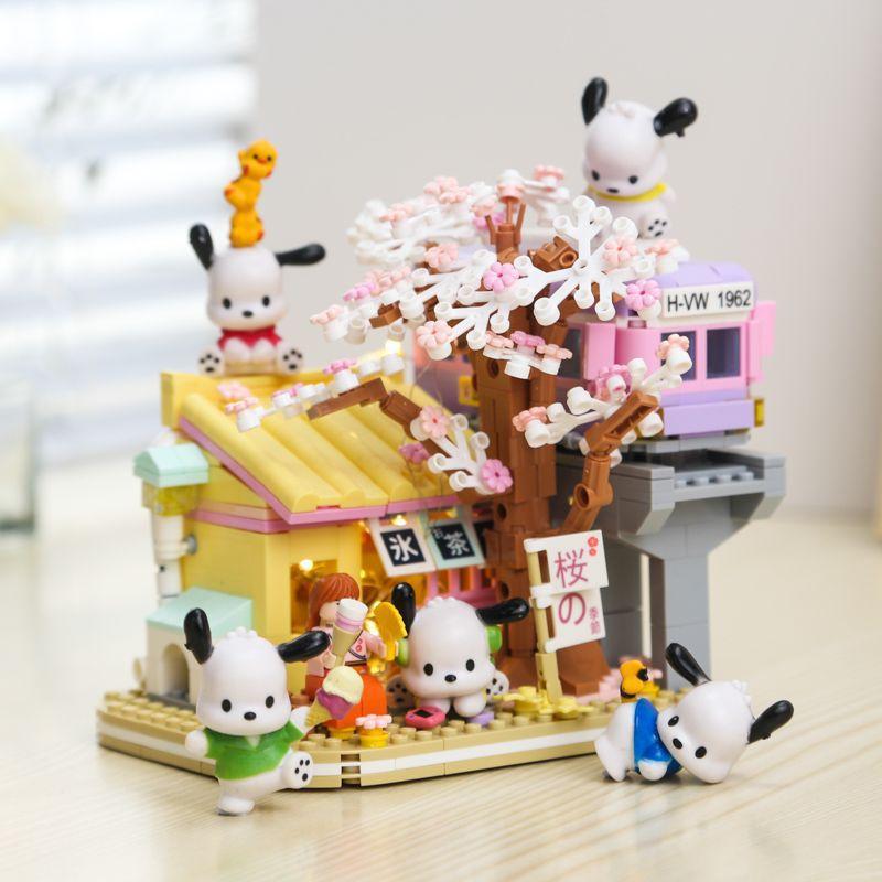 Puzzle Baustein Mini Straßenansicht Mädchen Kirschblütenbaumhaus Izakaya Zusammengebautes Spielzeug Mädchen Geschenk