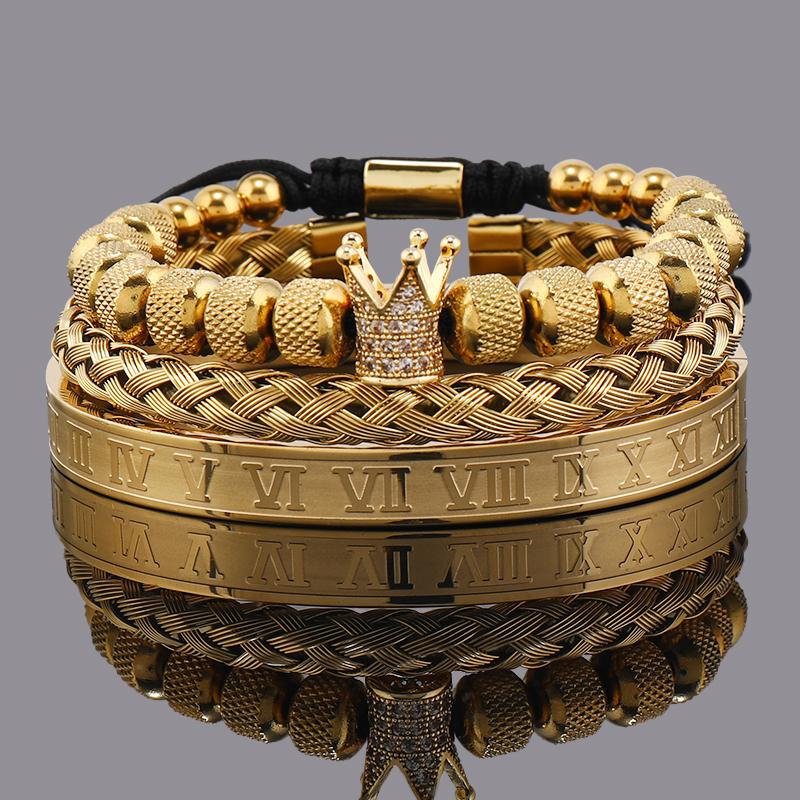 Set di Lusso Ciondoli Corona Bracciale Uomo Acciaio Inossidabile Romano Braccialetti Donna Gioielli per le Mani Regalo di San Valentino