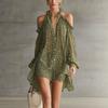 2026 European and American Style Fashion Temperament Chiffon Printing Lace-up Fungus Collar Ruffle Hem Long-sleeved Dress