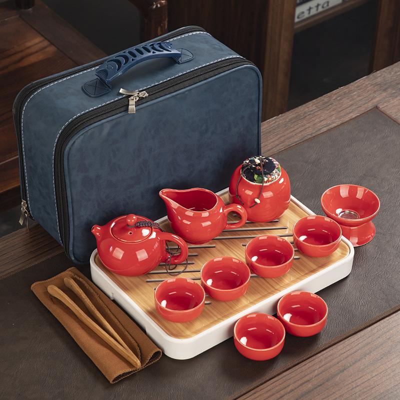 Travel ceramic Kung Fu tea set, tea tray, a full set of portable storage bags, practical business gifts for customers