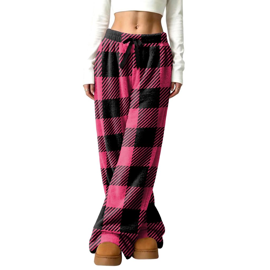 Women's Casual Plaid Print -Lined Wide Leg Pants with Elastic Waist, Loose Fit Trousers for Fall Winter
