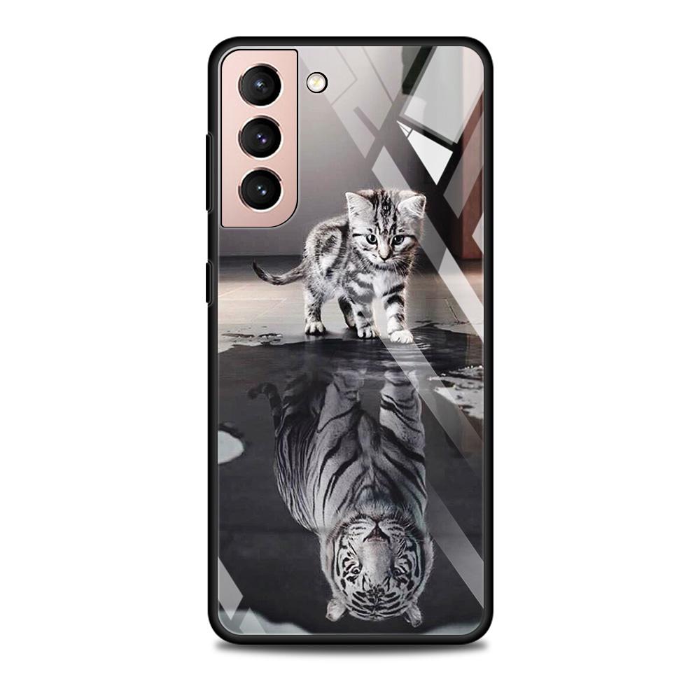 Tempered Glass Case For Samsung Galaxy S22 S20 S21 FE S10 S9 S8 Plus Ultra S10Lite Wolf Dog Cat Bird Lion Tiger Animal Shell