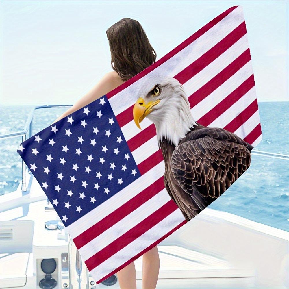 Asciugamano da Spiaggia Bandiera Aquila Americana Stampa Aquila Calva Patriottica Design Stelle Strisce Asciugatura Rapida Morbido Asciugamano da Bagno per Uomo Regalo 4 Luglio