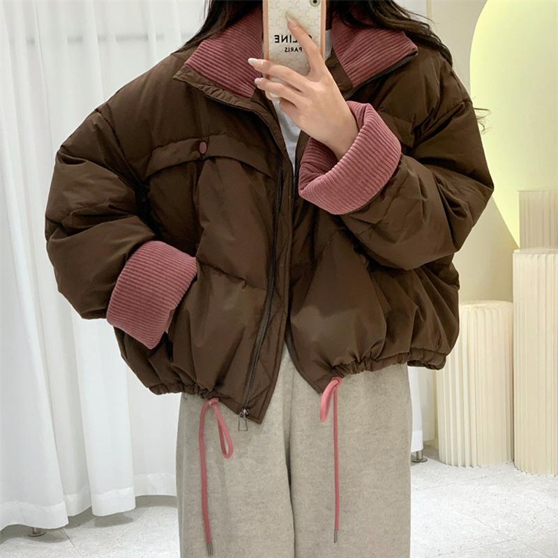Corduroy contrasting color stand-up collar down jacket women's 2024 winter fashion sweet warm white duck down small bread jacket
