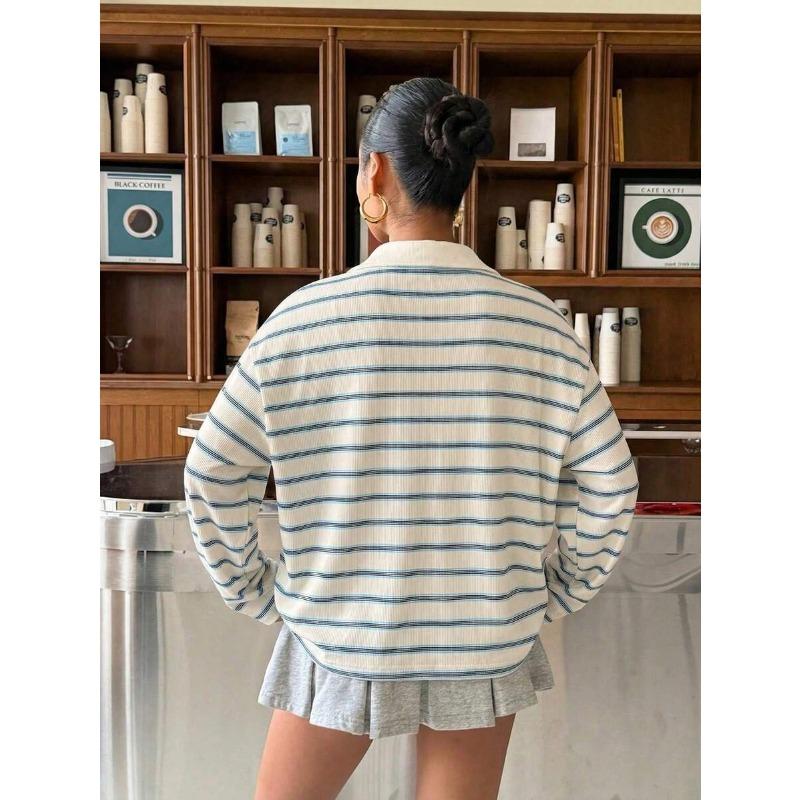 Womens Striped Button Polo Collar Long Sleeve Casual Loose Sweatshirt