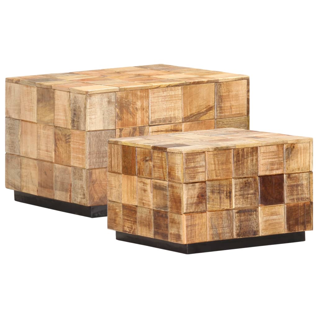 Coffee Tables Set of 2 Block Design Rough Solid Mango Wood