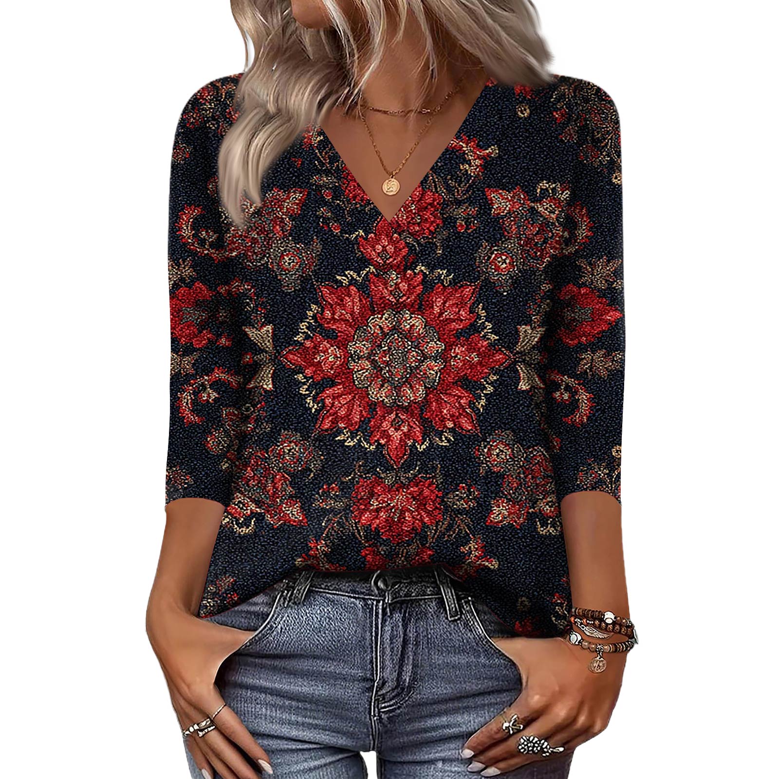 

Женские рубашки с рукавом 3/4, топы с принтом и V-образным вырезом, повседневные топы, базовые футболки, блузки, свободные топы XL красный