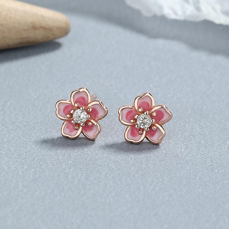 925 Sterling Silver Cherry Blossom Stud Earrings Enamel Flower Jewelry with Crystal for Women Girls Gift