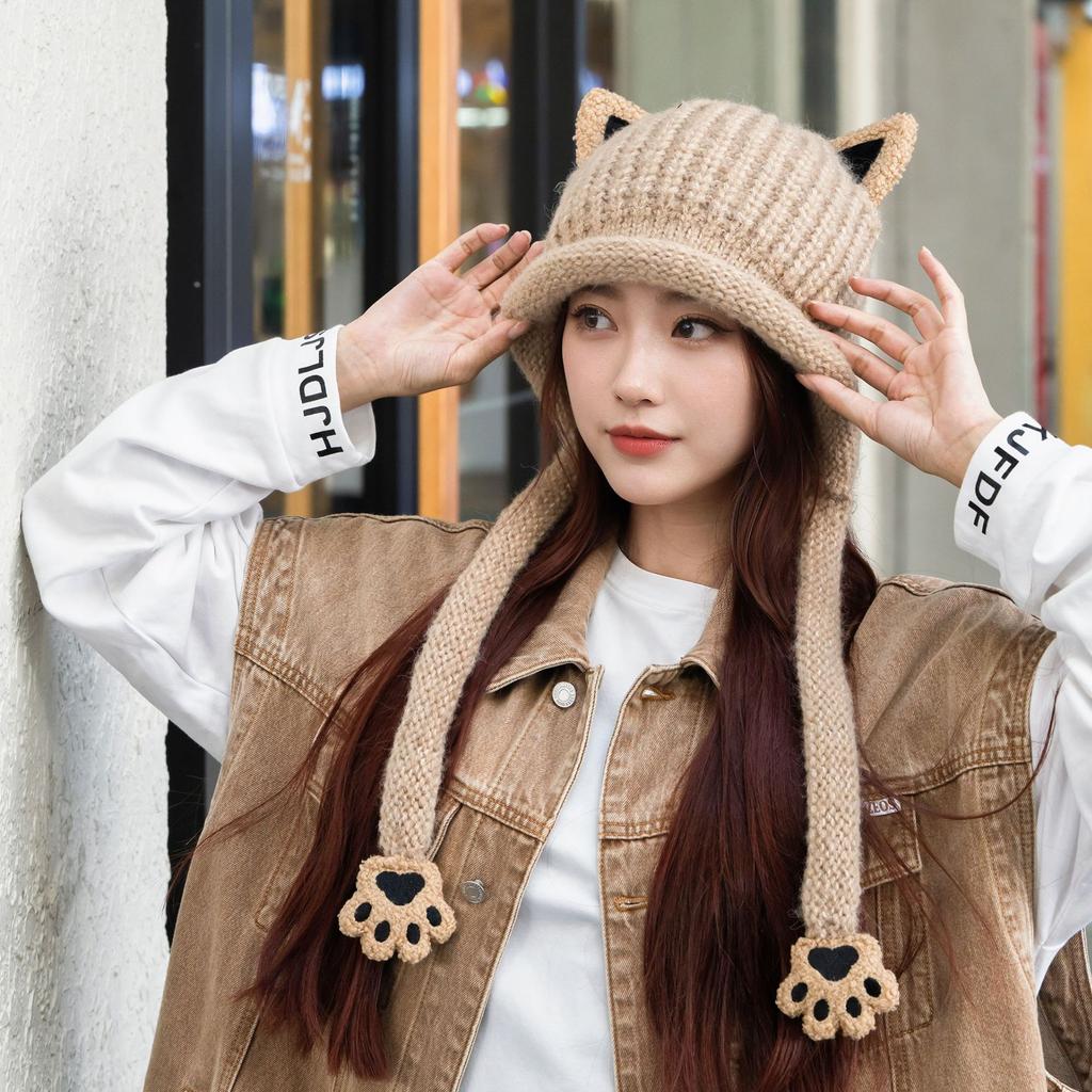 New cat ear knitted wool hat women's autumn and winter cold and warm ear protection hat casual versatile cute cat claw big head circumference