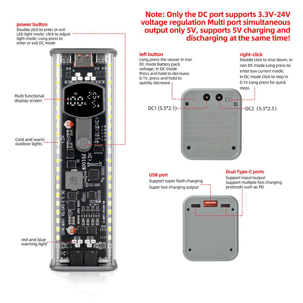 Pd 111w Super Fast Charging Power Bank 8-cell 11711 Battery Holder Diy Module Shell With Sos Light Diy Battery Box Type C Port