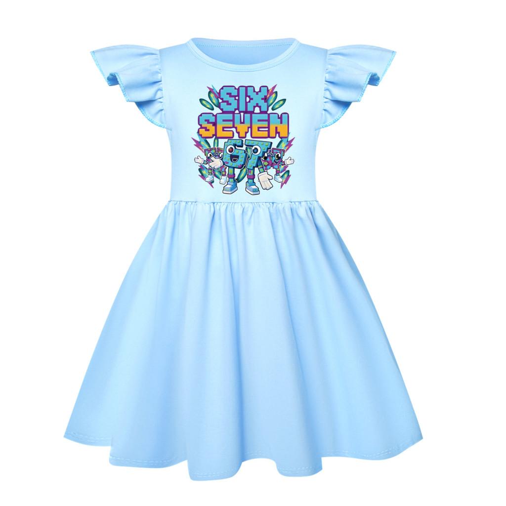 

5220 Kids Girls Steal a Brainrot 67 Six Seven Printed Ruffle Short Sleeves Casual Dress 160cm