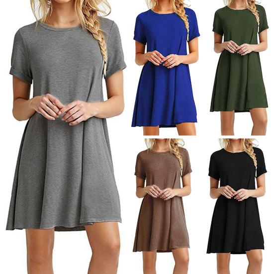 Women Dress Simple O Neck Short Sleeve Solid Color Summer Dress for Daily Wear