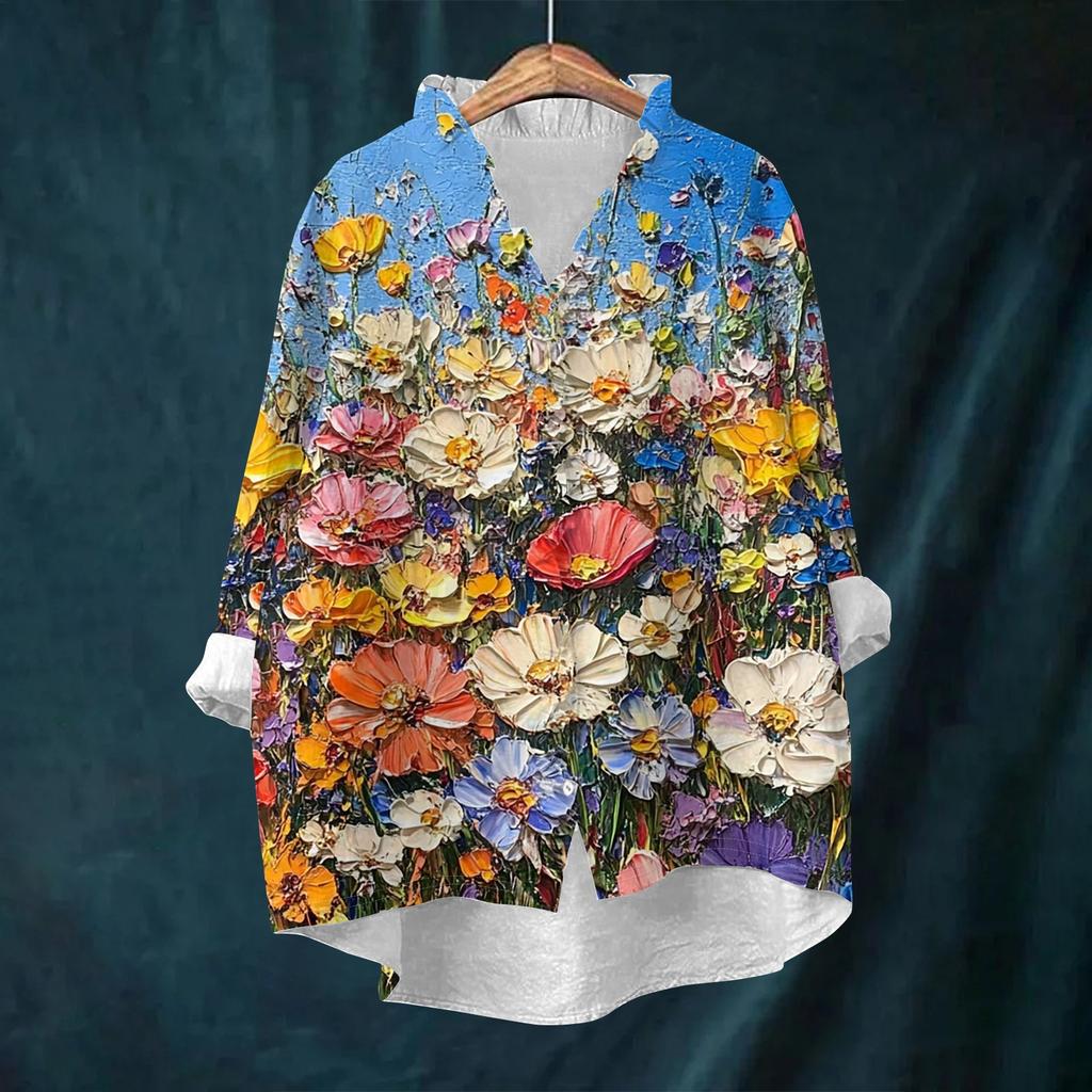 Women's Loose Ruffled Retro Floral Print Stand Collar Long Sleeve Cotton And Linen Top