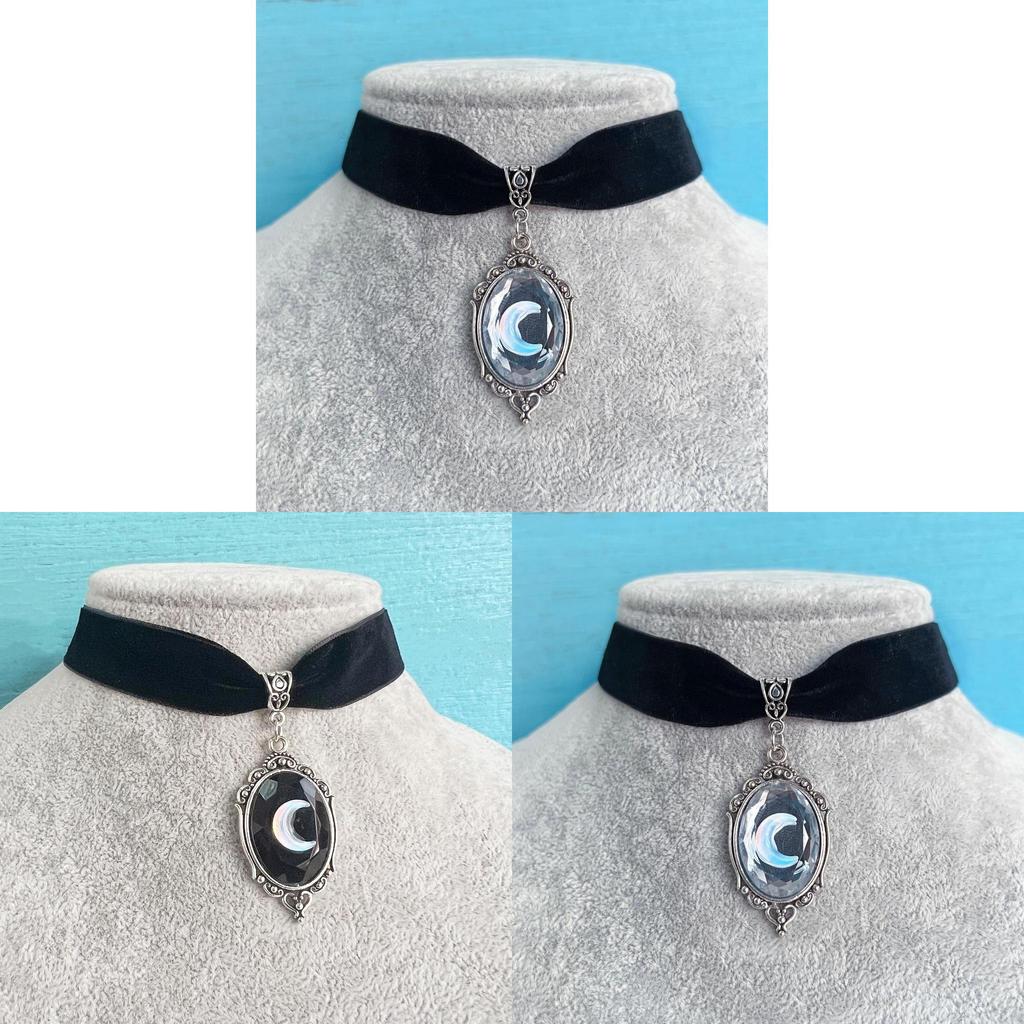 Gothic Black Velvet Necklace With Moon Pendant For Women And Men