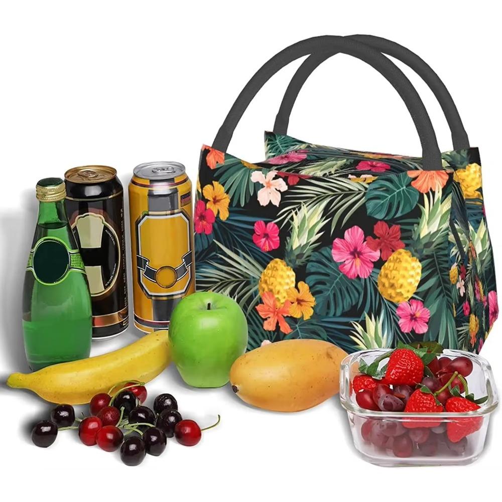 Geantă de prânz cu frunze de palmier și hibiscus, reutilizabilă, portabilă, izolată, tropicală, cu ananași și fructe, mare, tip tote bag pentru școală, birou
