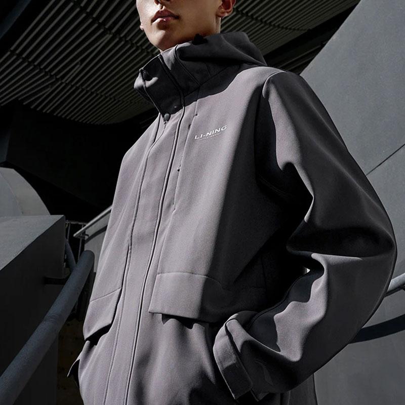 Li-Ning Solid Color Hooded Loose Waterproof Fleece Warm Sports Windbreaker Men Outerwear Smoke-Gray AFDT837-3