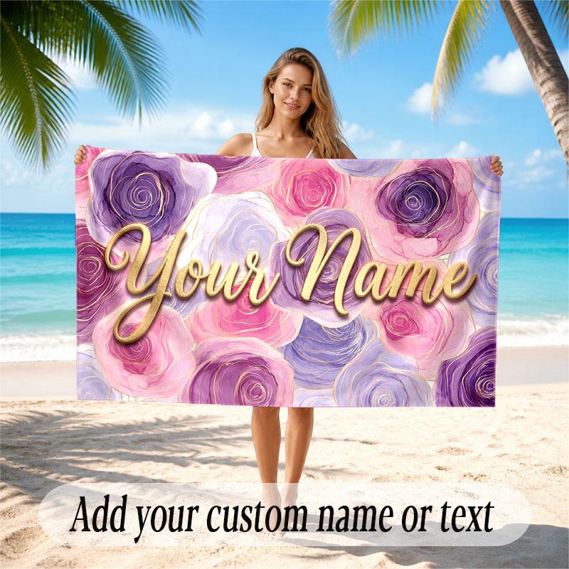 Floral Garden Theme Soft Beach Towel Personalized Custom Name Text Towel Portable for Beach Pool Travel