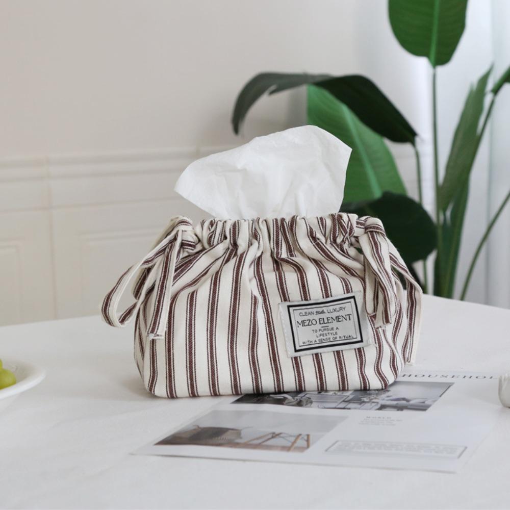 Cotton Stripe Napkin Holder Exquisite Tissue Storage Box Home Use Drawstring Tissue Bag  Kitchen